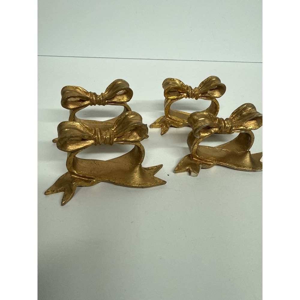 Set If 4 Resin Gilded Gold Bow Napkin Ring Holders 1 Damaged